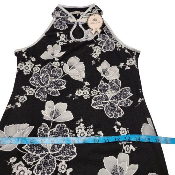 𝅺FLORAL Black White Mandarin Collar Chinese Cheongsam Style Sleeveless Dress S/ - Picture 9 of 9